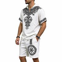 Mens Summer Viking Life Tree Pattern Hooded Short Sleeve Shirt And Shorts Casual Set S balta