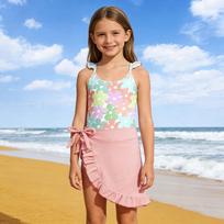 Girls Two Piece Swimsuit Set Floral Print One Piece Swimsuit with Ruffle Skirt Swimwear for Kids Summer Beach Pool 120 rožinė