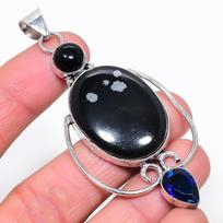 Natural Snowflake Obsidian, Onyx 925 Sterling Silver Jewelry Pendant 3.15  V0I36