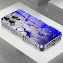 Abstract Blue Light Neon Honeycomb Pattern Electroplated Glass Case For iPhone 17 16 15 14 13 12 Pro Max Plus 16E 17 Air Cover iPhone 13 Pro