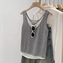 Korean Style Dopamine Faux Two-Piece Sleeveless Tank Top for Women - Sweet, High-End Summer Fashion 2XL (185-195 jin) pilka spalva