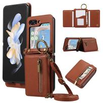 Odinė rankinė per petį, dėklas-piniginė, skirta Samsung Galaxy Z Flip7 FE Flip6 Flip5 Flip4 Flip3, su stoveliu, kišenė gryniesiems ir kortelėms Galaxy Z Flip5 ruda