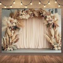 Didelis bohemiškas pampų ir gėlių vestuvių fonas - elegantiški gėlių raštai smėlio, baltos ir rožinės spalvos 100x150cm