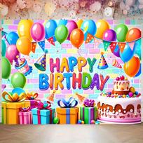 1pc party backdrop banner colorful theme birthday party banner with cake and gift box decoration suitable for holiday decorati 150x100 CM