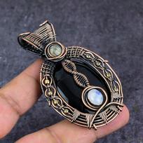 Natural Black Onyx Gemstone Handmade Copper Wire Wrap Jewelry Pendant 2.84  ET-4653