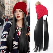 Long Straight Synthetic Wig Red Knit Hat Cap with Hair Extensions One-piece Hat Wigs Cap Connect Wig Adjustable Black Blonde Hair For Women