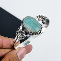 Natural Amazonite Gemstone Handmade 925 Sterling Silver Cuff Bangle, Amazonite Bangle,For Wife, Unisex Bangle, Gifts For Party Wear 6" žalia