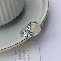 Imitation White Chalcedony Retro Ring Female Thai Silver Versatile Personality Literary and Artistic Fan