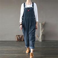 Fashion Women's Literary Cotton And Linen Strap Back Casual Pants Jumpsuit L mėlyna