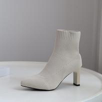 2025 Fashion Women Boots Beige Pointed Toe Yarn Elastic Ankle Boots Thick Heels Shoes Autumn Winter Female Socks Boots 35 smėlis