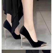 Women High Heels Green Burgundy Pumps Lady Metal Cap Toe Velvet Low Heels Fetish Nightclub Evening Party Office Casual Shoes 34 juoda