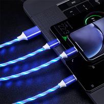 1,2M 3 viename USB įkroviklio laidas mobiliajam telefonui Mikro USB C tipo įkrovimo laidas, skirtas iPhone įkrovimui Švytintis LED šviečiantis tekantis duomenų laidas 1.2m mėlyna