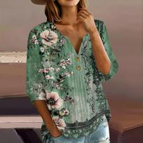 Women’s Fashion Floral Print Henley Neck Button Front 3/4 Sleeve Cotton Linen Casual Loose Fit Blouse Shirt Top for Daily Wear L žalia