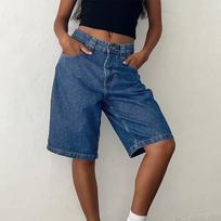 Lady Baggy Denim Bermuda Shorts Vintage Straight Leg Denim Shorts Casual Knee Length Jean Jorts with Pockets S