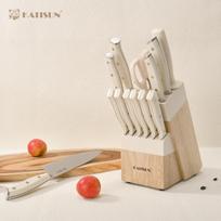 14 vnt. Šefo, kepsnių, Santoku, vaisių peilių rinkinys. Aštrūs šefo peilių rinkiniai su natūralaus medžio peilių laikikliu. Žirklės
