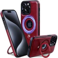 Folding Ring Stand Leather Magnetic Macsafe Case for Magsafe IPhone 15 14 13 16 Pro Max Plus 15Pro 16Pro Mac Safe Holder Cover for iphone14pro(6.1") vyno raudonos spalvos