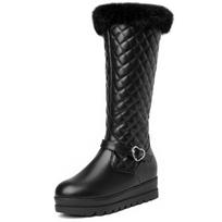 Fashion Women's Winter Fur Snow Boots Black White Pink Knee Boots Girls Wedge Heels Decoration Footwear Rain Shoes Waterproof 34 juoda