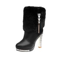 Fashion Women Rhine-diamond High Heel Ankle Boots Winter Fashion Pointed Toe Thick Heel New Fashion Dress Chelsea Botas Stilettos Pumps 35 juoda