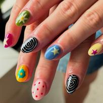 24PCS Smudging Oil Painting Almond Press on Nails Golden Swirl Patterns French Fake Nails for Women Colorful Flowers False Nails