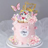 Vienaragis torto papuošalai su dirbtinių gėlių rutuliuku, drugeliu, „Happy Birthday“ torto papuošalai kūdikio sutiktuvių reikmenims