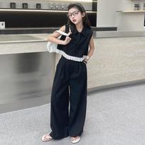 Girls' Summer Set: Ruffled Polo Shirt & Wide-Leg Pants, Two-Piece Set for Older Girls 120 gray