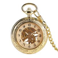 Luxury Golden Skeleton Hand-Wind Mechanical Pocket Watch for Men Women Fob Pendant Chain Clock with Arabic Number Display auksas