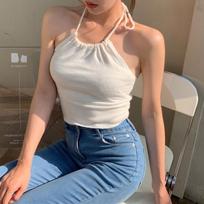 New Summer Hot Girl Neck Halter Sexy Lace-up White Base Knitted Short Style Inside and Outside Vest for Women One size