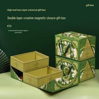 Mori stiliaus dvigubo sluoksnio vaisių dovanų dėžutė (8-10 Jin) - Gėlių dizaino pakuotė Forest Green Single Inner Box with Transparent Lid