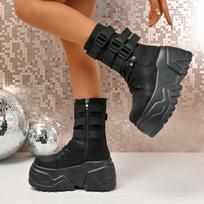 Belt Buckle Ankle Motorcycle Boots Platform Round Toe Height Increasing Lace-Up Concise Sexy Women Chunky Shoes New 35 juoda