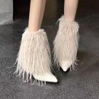 Fur Women Ankle Boots Sexy Pointed Toe High Heels Shoes Designer 2025 Winter Trend New Boots Dress Party Woman Pumps 35 smėlis