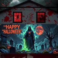 Large Halloween Grim Reaper Garage banner - Eerie cemetery scene with Jack-o '-lanterns durable polyester wall decorations 100x150cm
