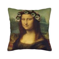Pillow Cover Funny Hair Roller Mona Lisa Novelty Pillow Case For Sofa Bedroom Home Decor Pillowcases Peach skin 18*18(CM)-1Pcs