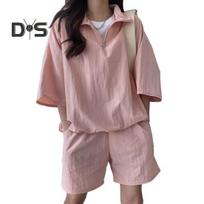 2 Pcs/Set Sweatshirt Shorts Set  Loose Solid Color Lapel Half Sleeves Pockets Elastic Waist Zipper Collar Breathable Smooth Quick Dry Soft Summer M rožinė
