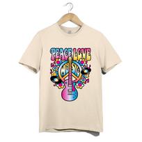 T-shirtas „Peace Love Music“ – Retro hipių gitara – Viršutinė dalis „Flower Power“ muzikos festivaliui XL