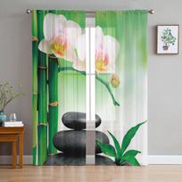 Zen akmenys Orchids Gėlė Žalia Poliesterio Tiulio Užuolaidos Svetainės Miegamojo Dekoras Skaidrus Voile Langų Užuolaida Plona Pagaminta iš Puikios W100*H130(CM)-Rod Pocket&2PCS