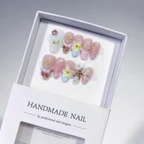Sweetheart Barbie Chinese Almond Nail Pinched Flower Relief Versatile Fairy Handmade Nail Fake Nails XS