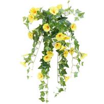 Lifelike Hanging Basket Of Artificial Fake Silk Morning Glory Flower Vine For Home Wall Decor geltona