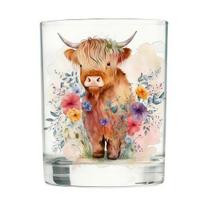 Highland Cow Glass Cup, Hand Painted Floral Watercolor Tumbler, Clear Mug for Milk Coffee Whiskey, Gift for Animal Lovers A beige