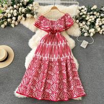 Light Luxury Heavy Embroidery Hollow-out Frill off-Shoulder Slim fit Long Frill Skirts Vacation Dress S raudona