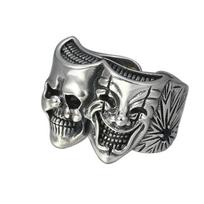 Retro Dvismenis Džokerio žiedas vyrams Sidabro spalvos Punk Goth reguliuojamas žiedas Rokas Rankų darbo Hiphop Unisex papuošalai Aksesuarai Dovana resizable