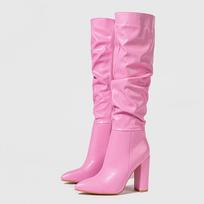 Fashion Liyke Winter Street Fashion Pleated Leather Pink Knee High Boots Women Sexy Long Zip Pointed Toe Square Heels Stripper Shoes 35 rožinė