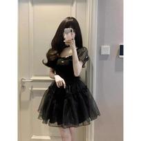 High-end temperament waist dress women's puff sleeves mesh splicing puffy princess skirt S