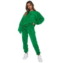 2 Pcs/Set Women Top Pants Set Round Neck Long Sleeve Elastic Cuff Sweatshirt Pure Color Stretchy High Waist Ankle-banded Trousers S žalia