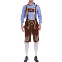 Tradicinis bavariškas vyriškas kostiumas Lederhosen su siuvinėtais petnešomis ir languotu marškiniu, tinkamas Oktoberfest kostiumų vakarėliui M kava