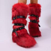 IPPEUM Winter Fur Boots 2025 Knee High Boots For Women Shoes Pink Red Purple y2k Snow Boots 230 raudona