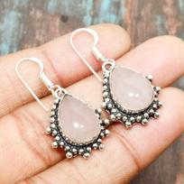 Rose Quartz Gemstone Handmade Solid 925 Sterling Silver Earring Jewelry 1.38 Inches rožinė