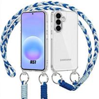 Dėklas Samsung Galaxy A57 5G, Kietas plonas skaidrus smūgiams atsparus su mėlynu dirželiu balta