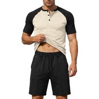 2026 Summer Color Matching Button-up Shoulder Plugs Short-sleeved Shorts Casual Fitness Two-piece Set Tracksuit Men S
