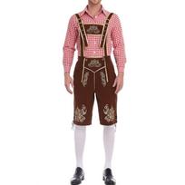 Tradicinis bavariškas vyriškas kostiumas Lederhosen su siuvinėtais petnešomis ir languotu marškiniu, tinkamas Oktoberfest kostiumų vakarėliui L ruda