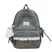 Large Capacity Corduroy Backpack Women's Bow Campus Schoolbag pilka spalva